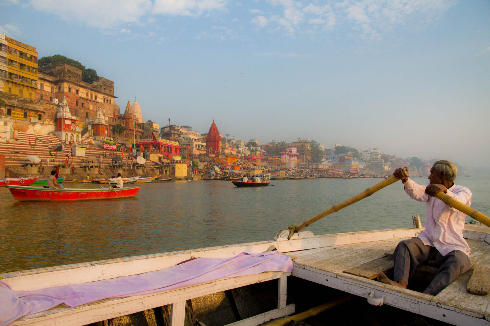 A view of Varanasi, India, from the Ganges River in morning light.